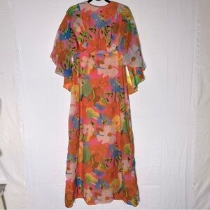 Vintage 60’s 70’s Orange Pink Blue Floral Capelet Chiffon Maxi Dress M